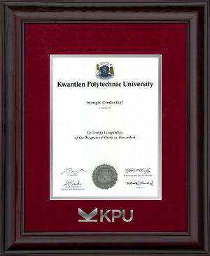 KPU wood with mahogany finish diploma frame with red velvet matting & silver embossed KPU logo.